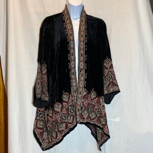 Johnny Was Black Velvet - Pink Embroidered Women's Draped Cardigan size-Medium